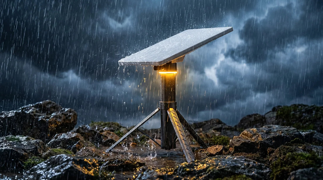 Starlink Mini mounted on RovEdge MK-1 tripod standing in heavy rain on rocky terrain, amber beacon glowing