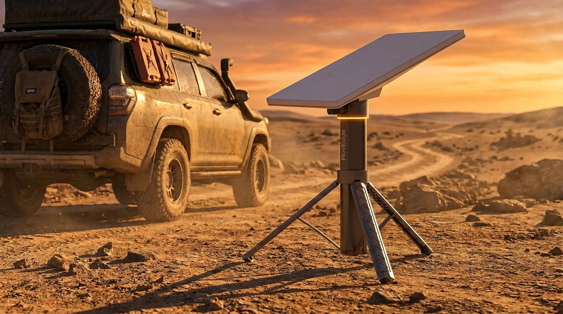 Starlink Mini mounted directly on a RovEdge MK-1 integrated tripod power station at a golden-hour overlanding campsite with amber beacon ring visible