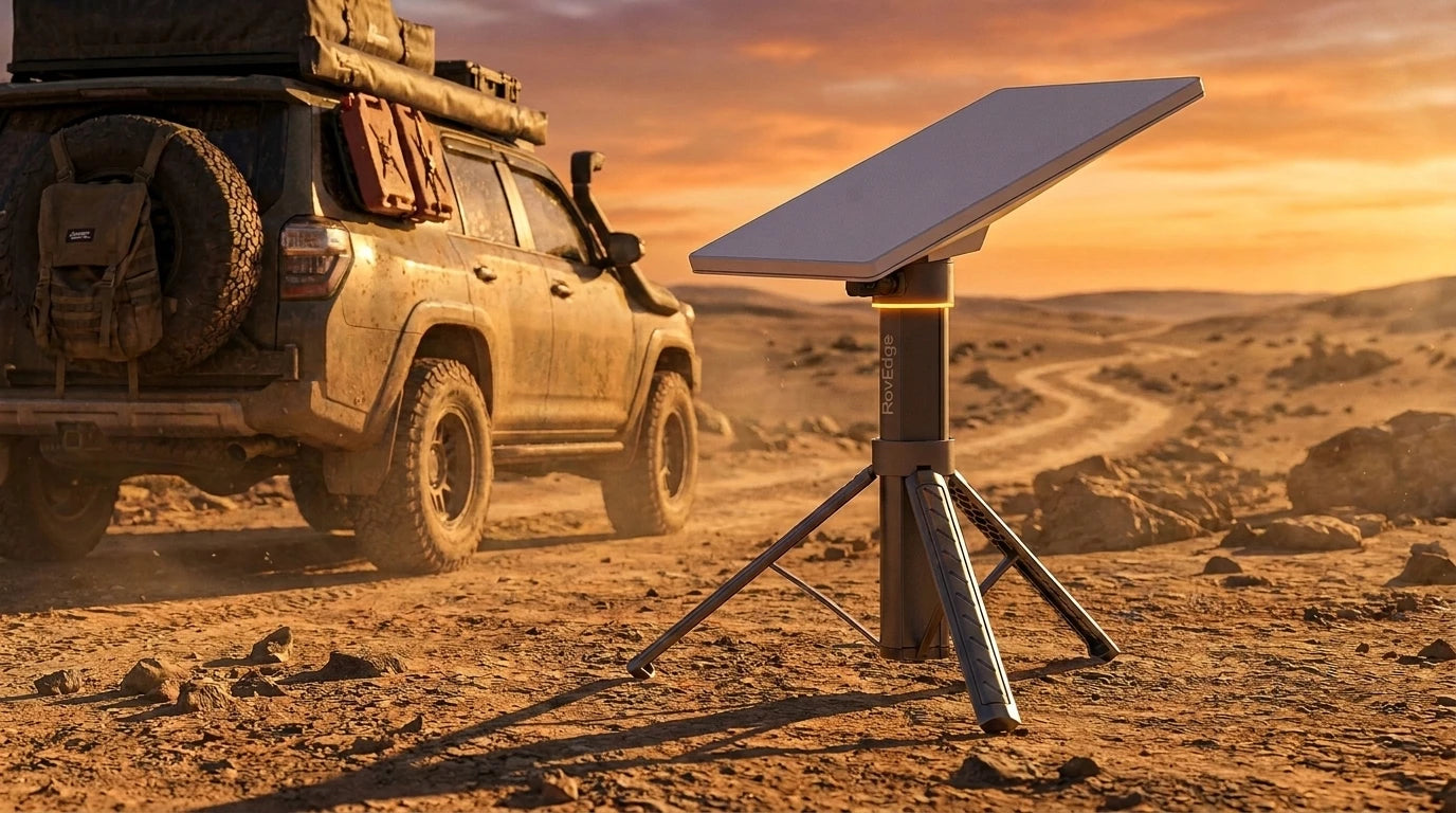 Starlink Mini mounted directly on a RovEdge MK-1 integrated tripod power station at a golden-hour overlanding campsite with amber beacon ring visible