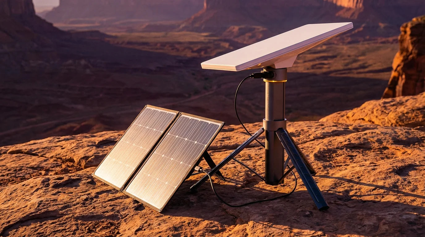 RovEdge MK-1 Mission Station with Starlink Mini top-mounted and 30W foldable solar panel on desert canyon rock at golden hour