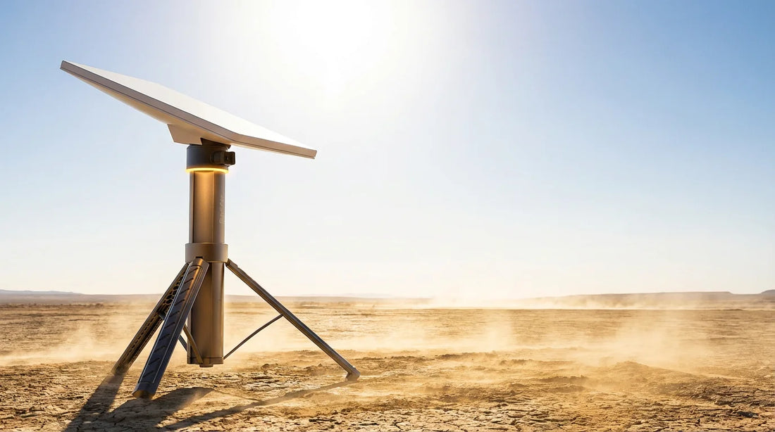 RovEdge MK-1 with Starlink Mini deployed stand-alone on a scorching desert plateau, demonstrating 360-degree airflow and thermal management