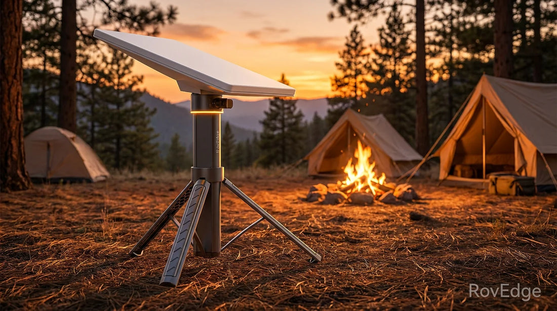 Starlink Mini mounted on RovEdge MK-1 tripod at dusk campsite with campfire, golden hour sunset, amber beacon glowing
