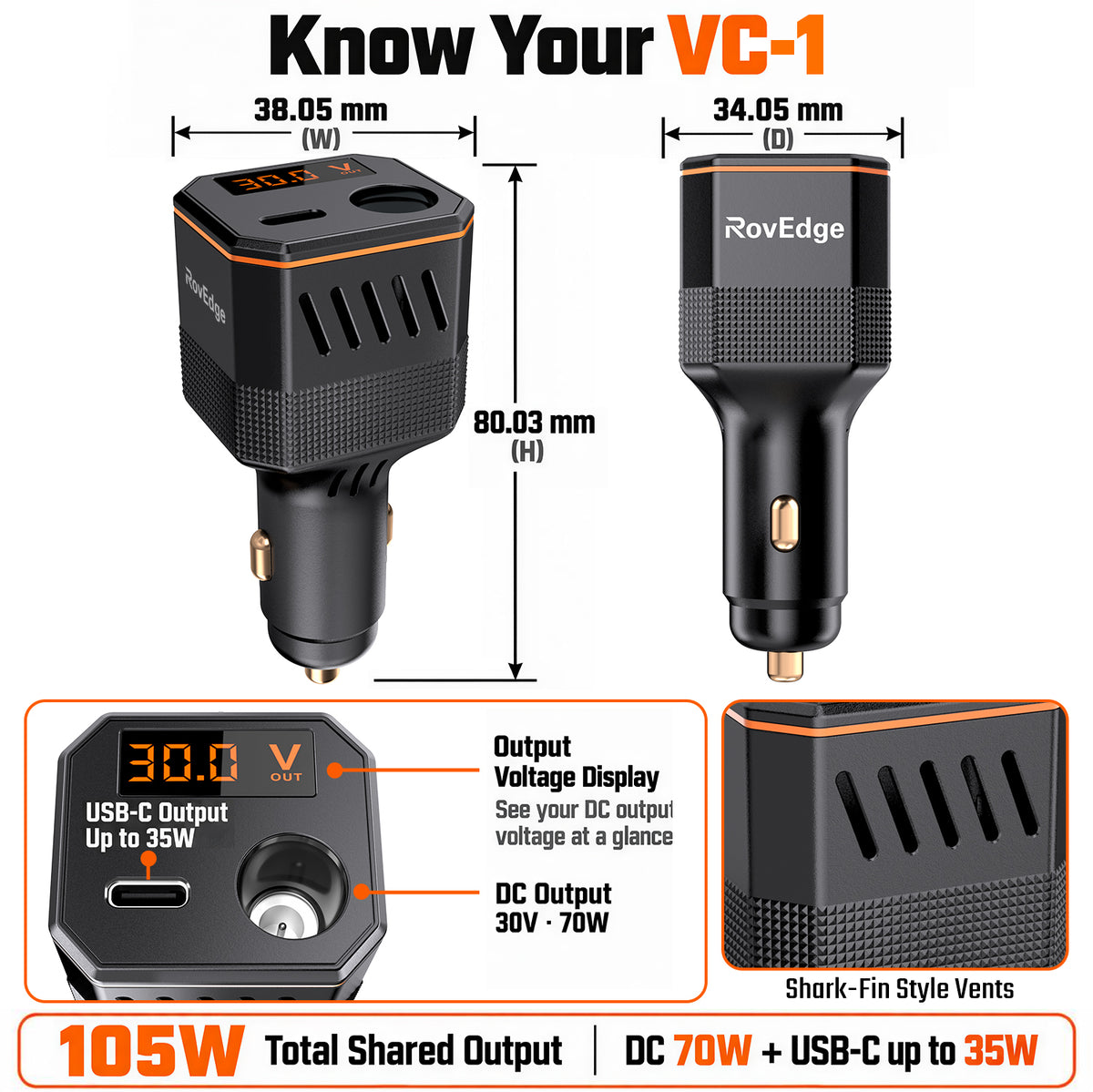 ROVEDGE VC-1 | 105W Car Power Adapter for Starlink Mini